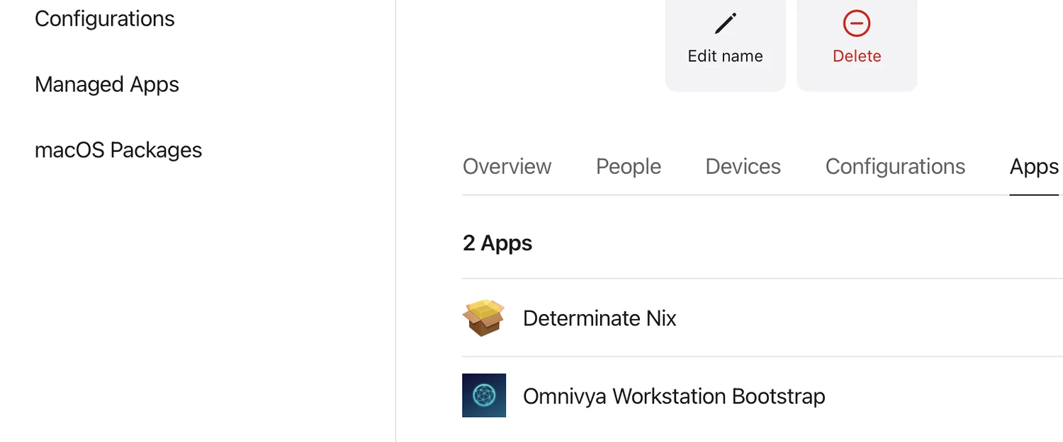 Apple Business Blueprint showing Determinate Nix and Omnivya Workstation Bootstrap