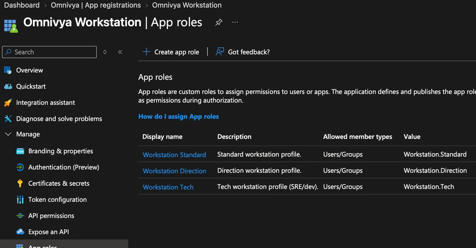 App Roles Entra Workstation Standard, Direction et Tech pour Omnivya Workstation