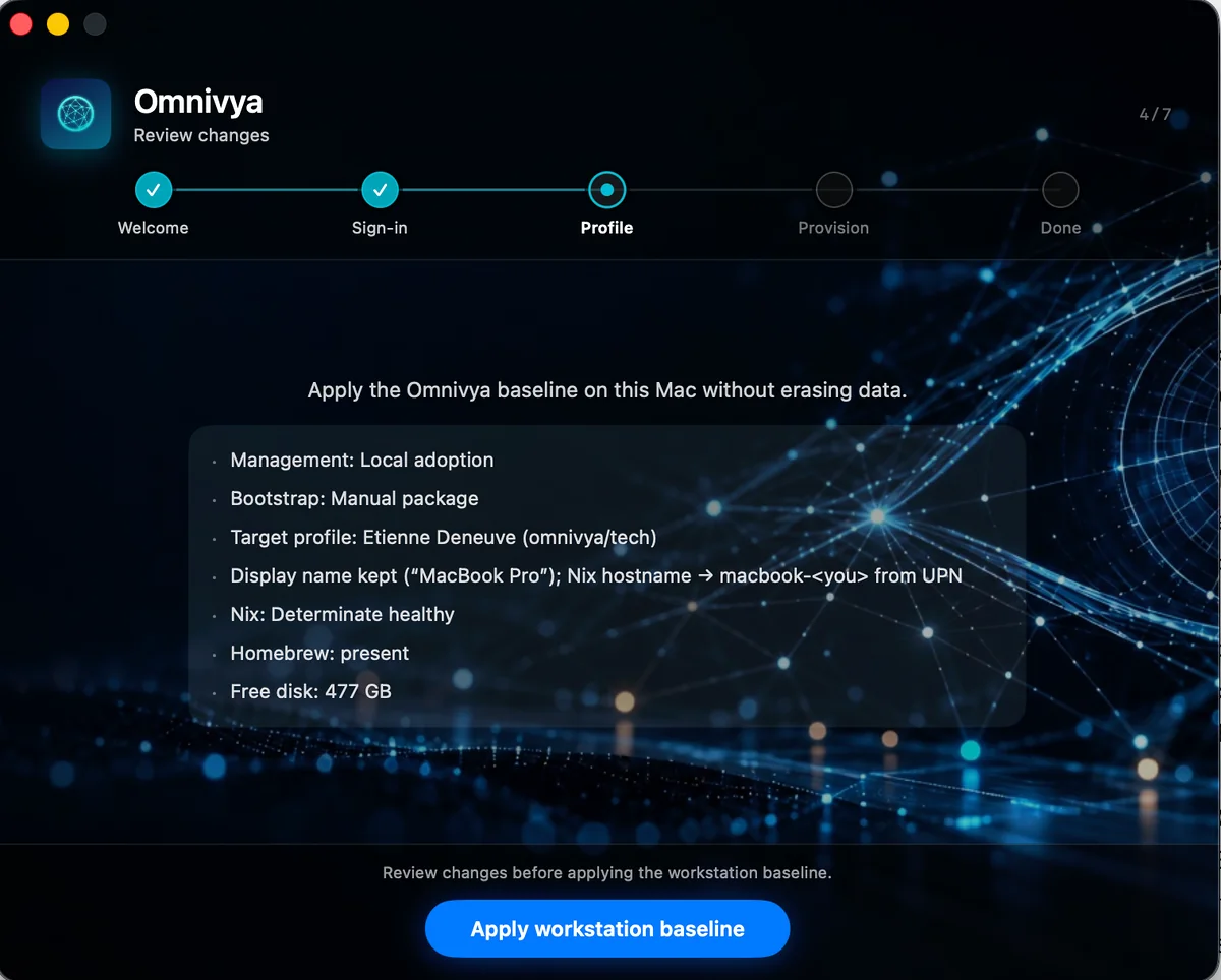 Omnivya Setup in Local adoption mode with a change review before apply