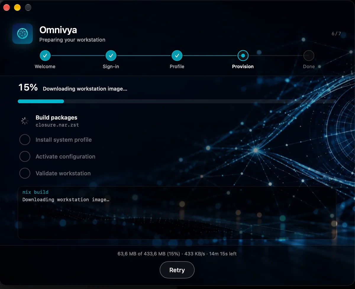 Omnivya Setup téléchargeant une image workstation Nix préconstruite avec progression
