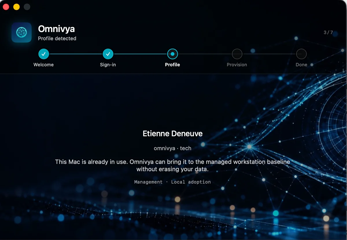 Omnivya Setup affichant le profil Tech détecté et le mode Local adoption