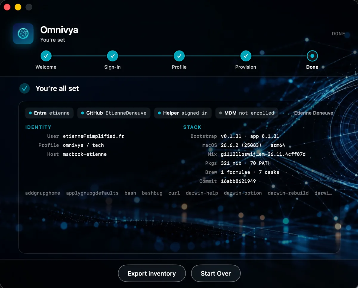 Dashboard final Omnivya Workstation avec versions, profil, Nix, Homebrew et état des services